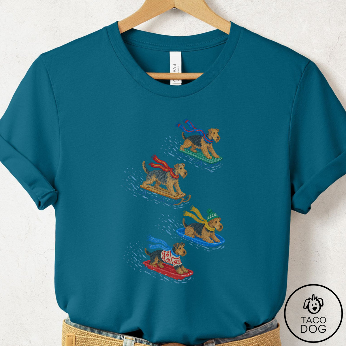 Airedale Sledding T-Shirt Deep Teal Taco-Dog