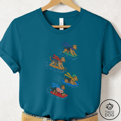 Airedale Sledding T-Shirt Deep Teal Taco-Dog