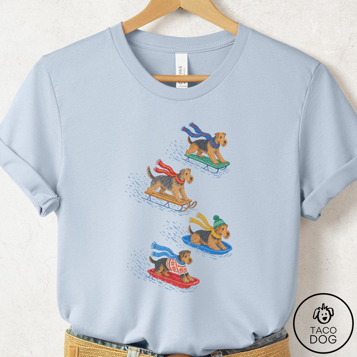Airedale Sledding T-Shirt Light Blue Taco-Dog
