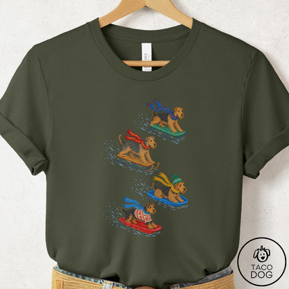 Airedale Sledding T-Shirt Military Green Taco-Dog