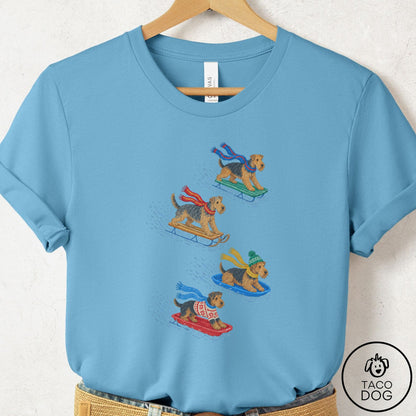 Airedale Sledding T-Shirt Ocean Blue Taco-Dog