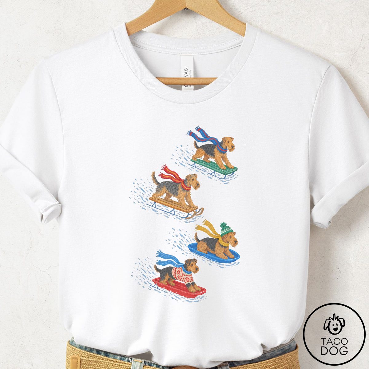 Airedale Sledding T-Shirt White Taco-Dog