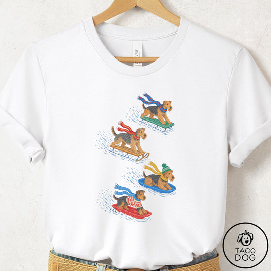 Airedale Sledding T-Shirt White Taco-Dog