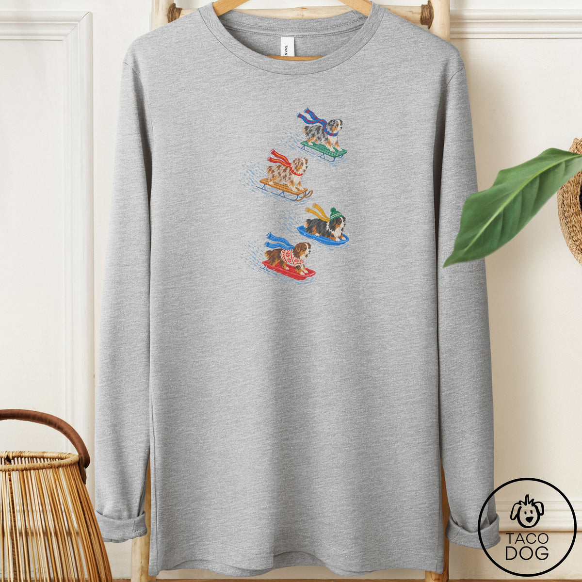 Australian Shepherd Sledding Long Sleeve Tee Athletic Heather Taco-Dog