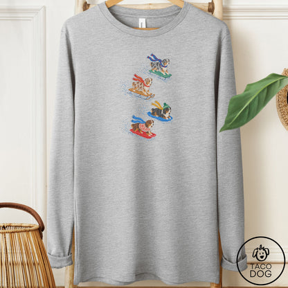 Australian Shepherd Sledding Long Sleeve Tee Athletic Heather Taco-Dog