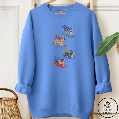 Australian Shepherd Sledding Sweatshirt Carolina Blue Taco-Dog