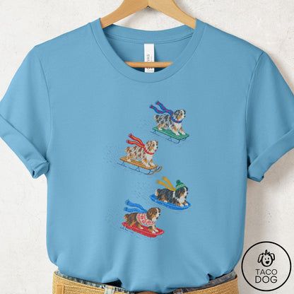 Australian Shepherd Sledding T-Shirt Ocean Blue Taco-Dog