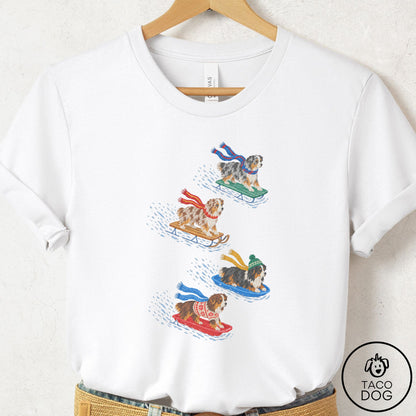 Australian Shepherd Sledding T-Shirt White Taco-Dog