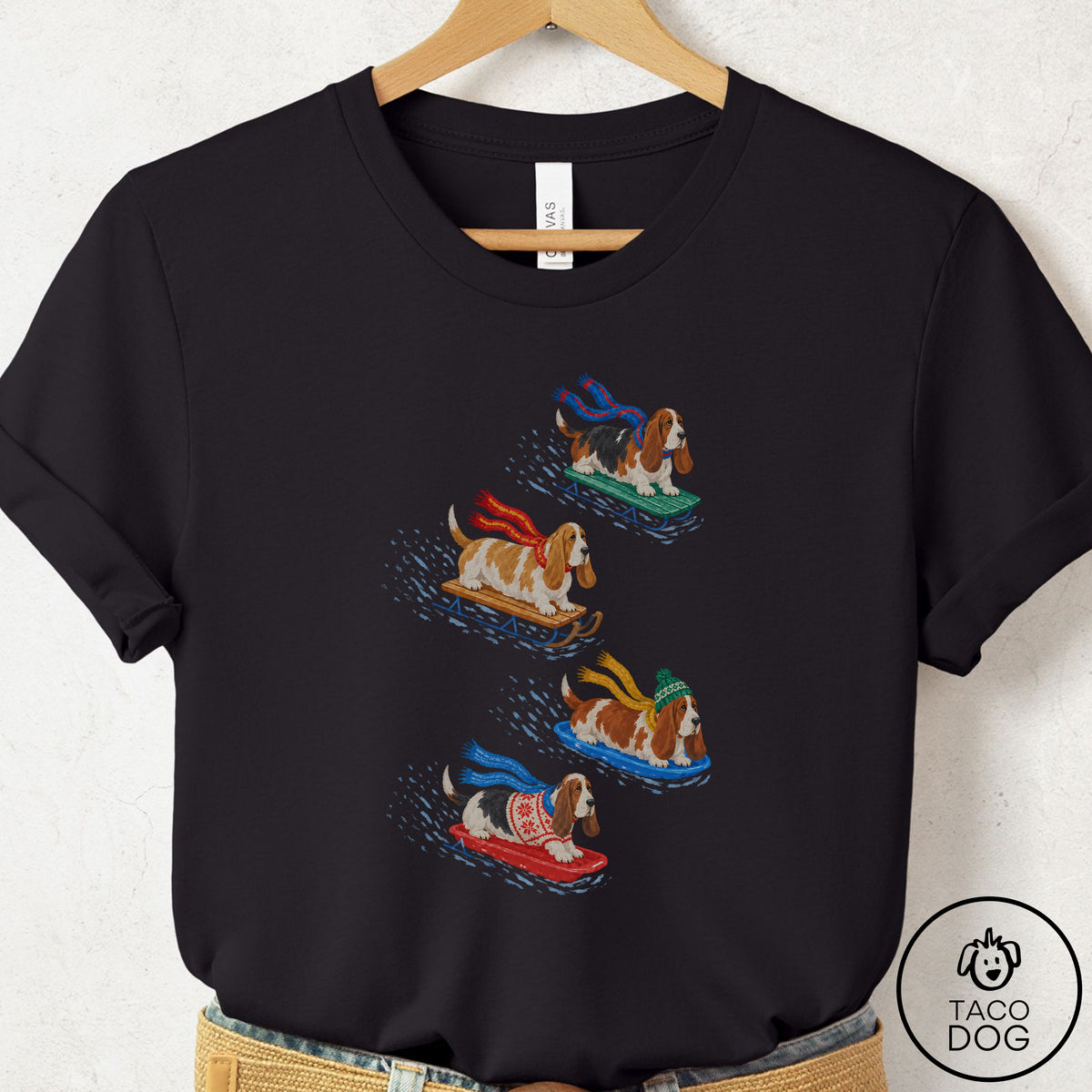 Basset Hound Sledding T-Shirt Black Taco-Dog