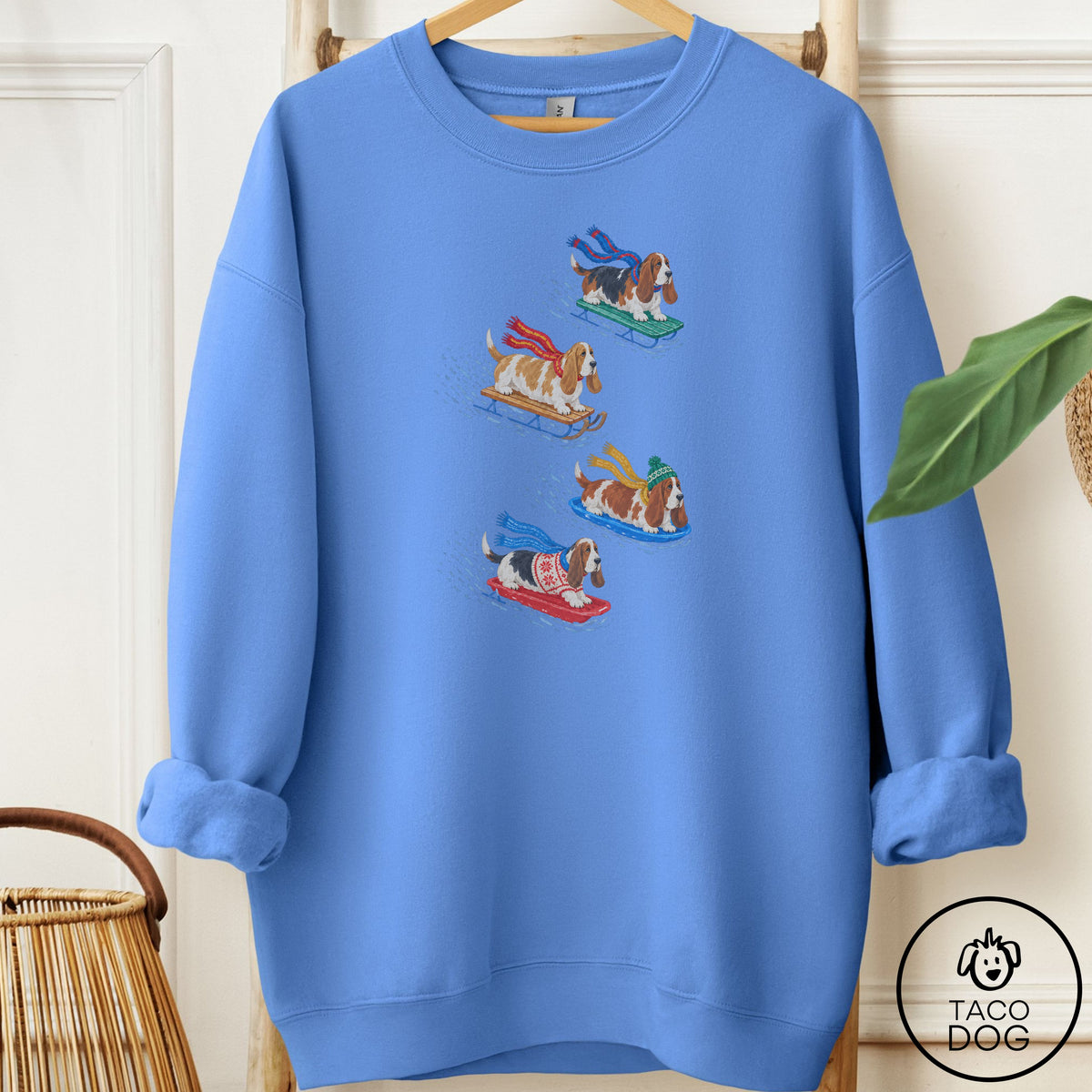 Basset Hound Sledding Sweatshirt Carolina Blue Taco-Dog
