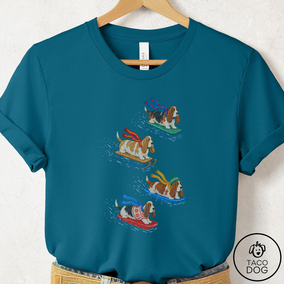 Basset Hound Sledding T-Shirt Deep Teal Taco-Dog