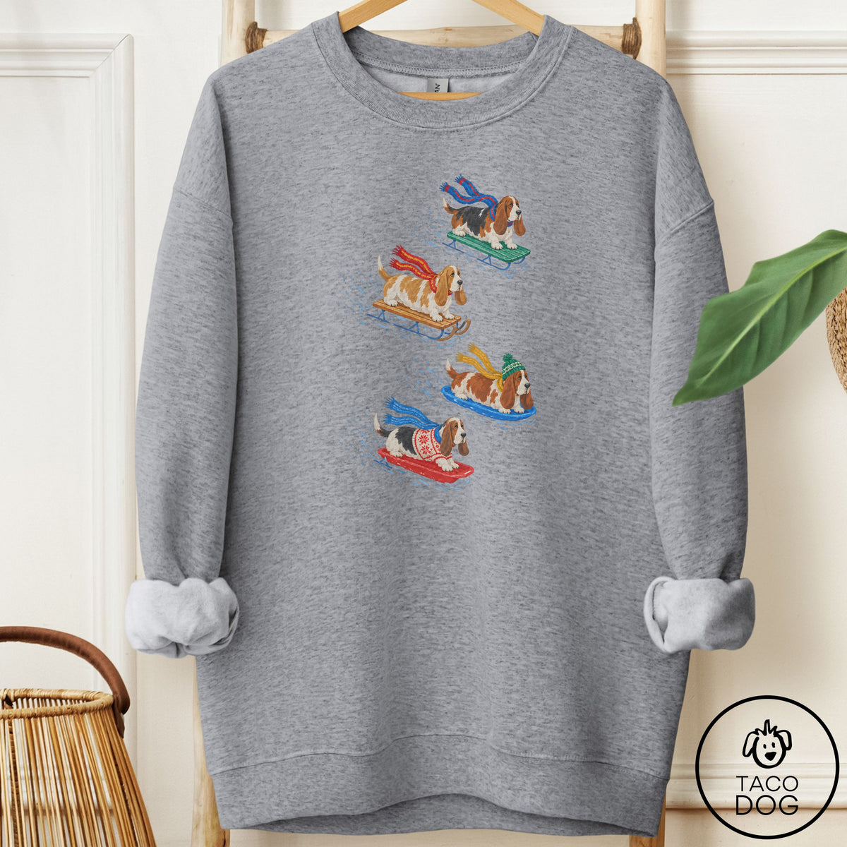 Basset Hound Sledding Sweatshirt Graphite Heather Taco-Dog