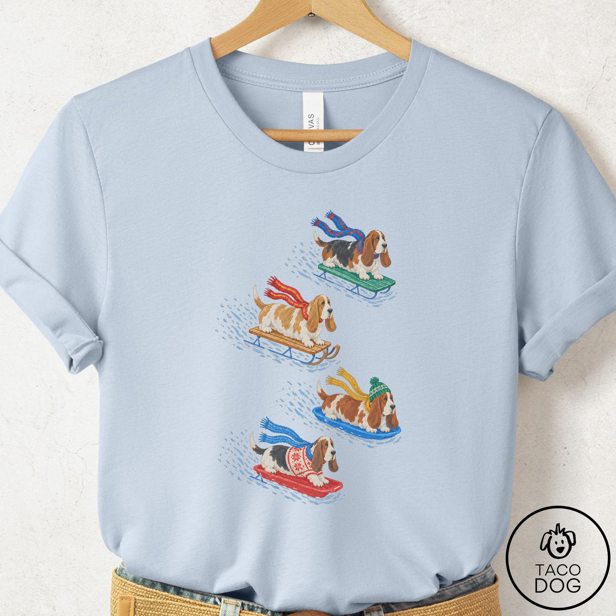 Basset Hound Sledding T-Shirt Light Blue Taco-Dog