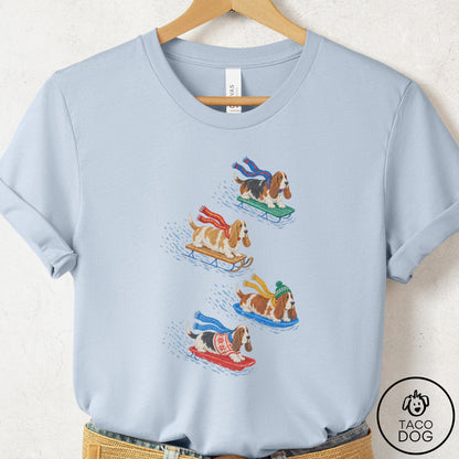 Basset Hound Sledding T-Shirt Light Blue Taco-Dog