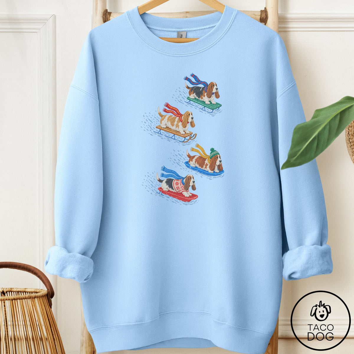Basset Hound Sledding Sweatshirt Light Blue Taco-Dog