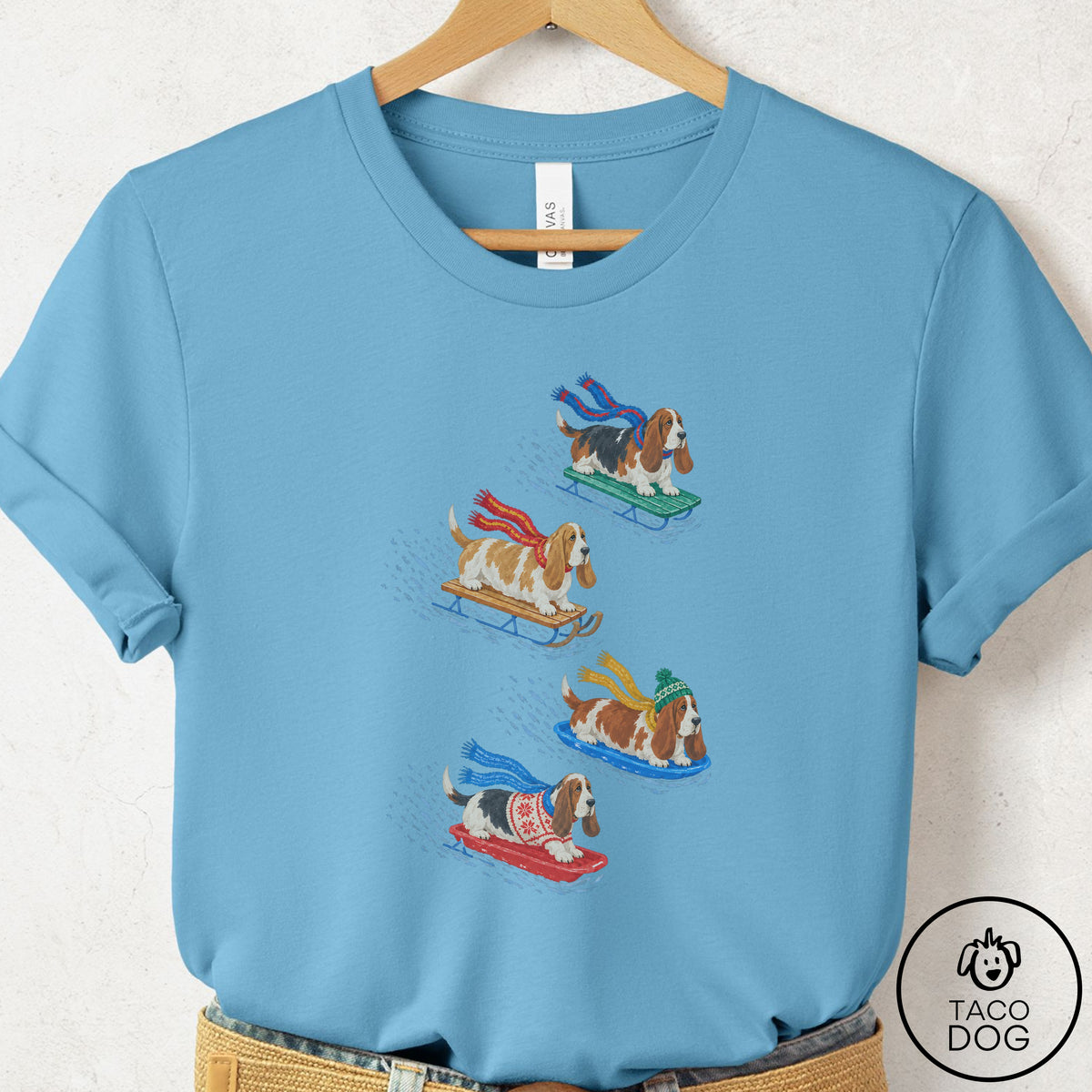 Basset Hound Sledding T-Shirt Ocean Blue Taco-Dog