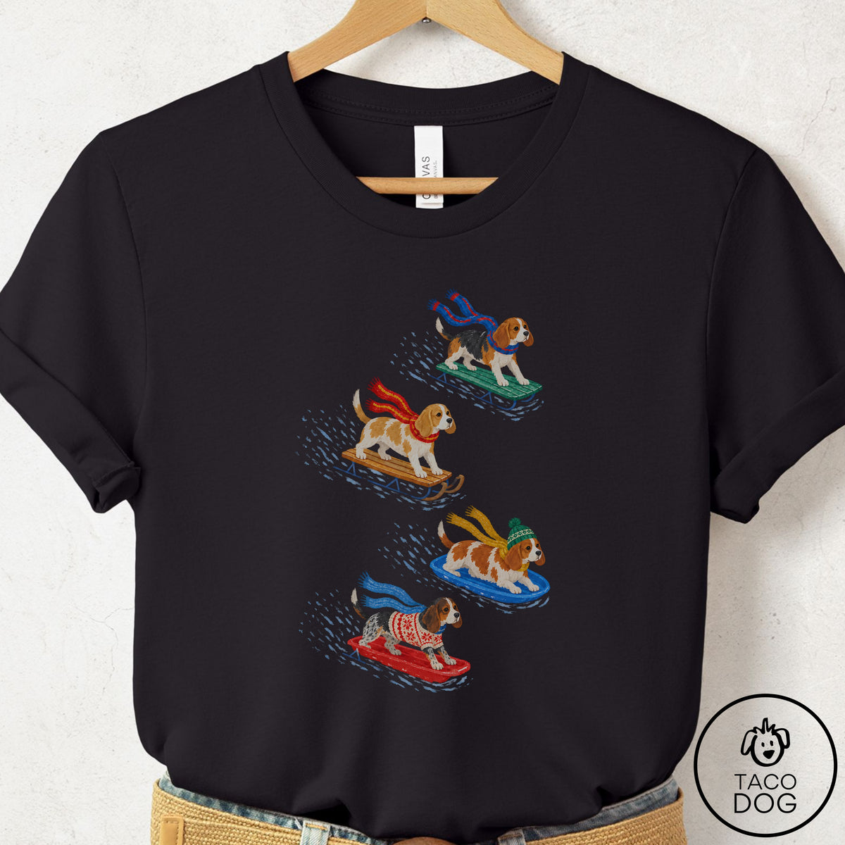 Beagle Sledding T-Shirt Black Taco-Dog