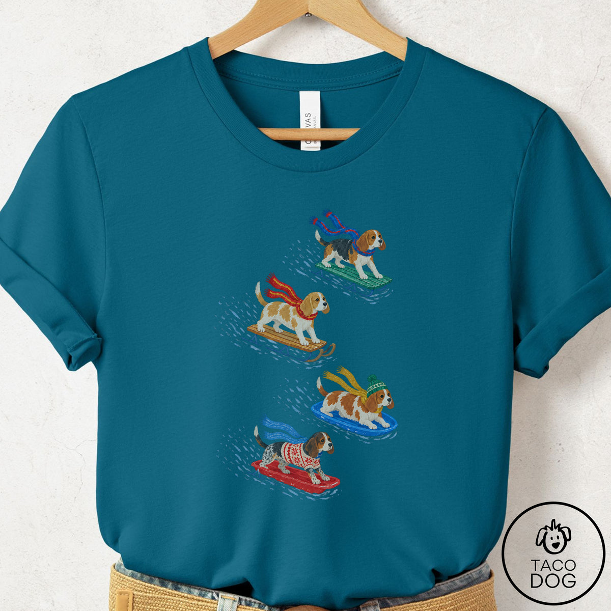 Beagle Sledding T-Shirt Deep Teal Taco-Dog
