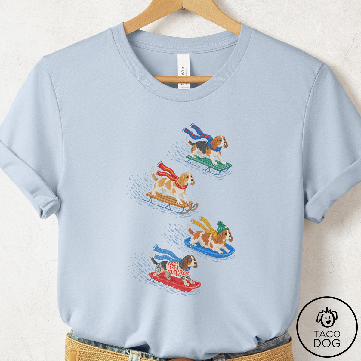 Beagle Sledding T-Shirt Light Blue Taco-Dog