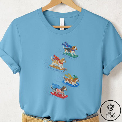 Beagle Sledding T-Shirt Ocean Blue Taco-Dog