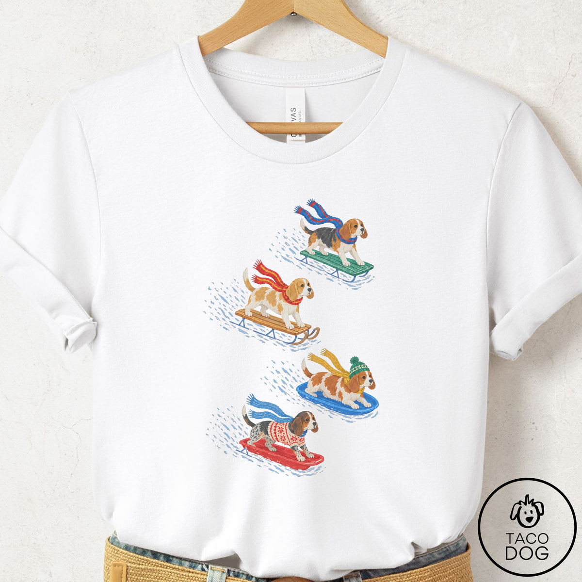 Beagle Sledding T-Shirt White Taco-Dog