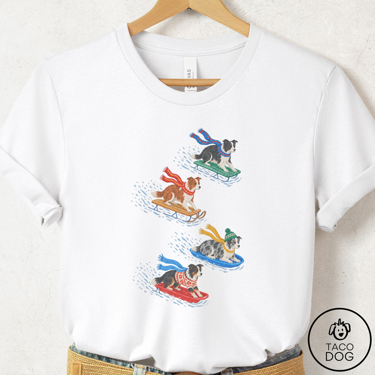 Border Collie Sledding T-Shirt White Taco-Dog