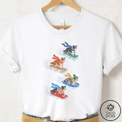 Border Collie Sledding T-Shirt White Taco-Dog