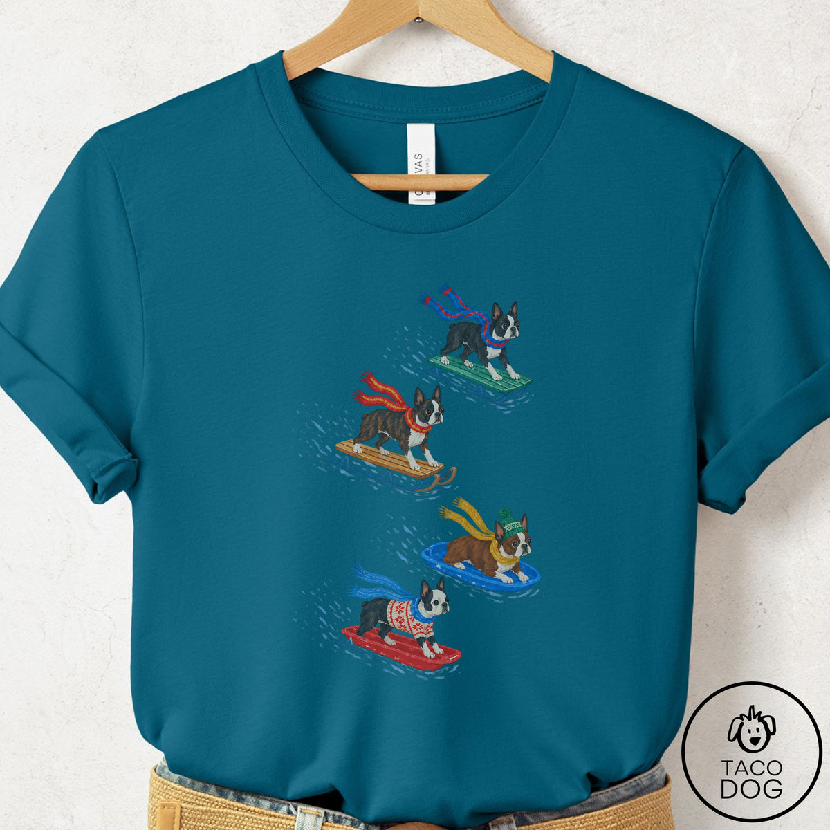 Boston Terrier Sledding T-Shirt Deep Teal Taco-Dog