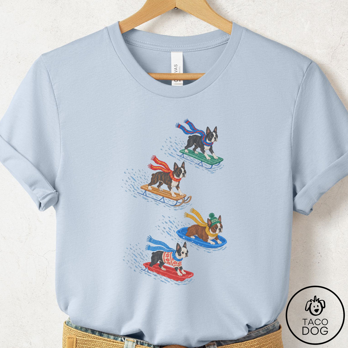 Boston Terrier Sledding T-Shirt Light Blue Taco-Dog
