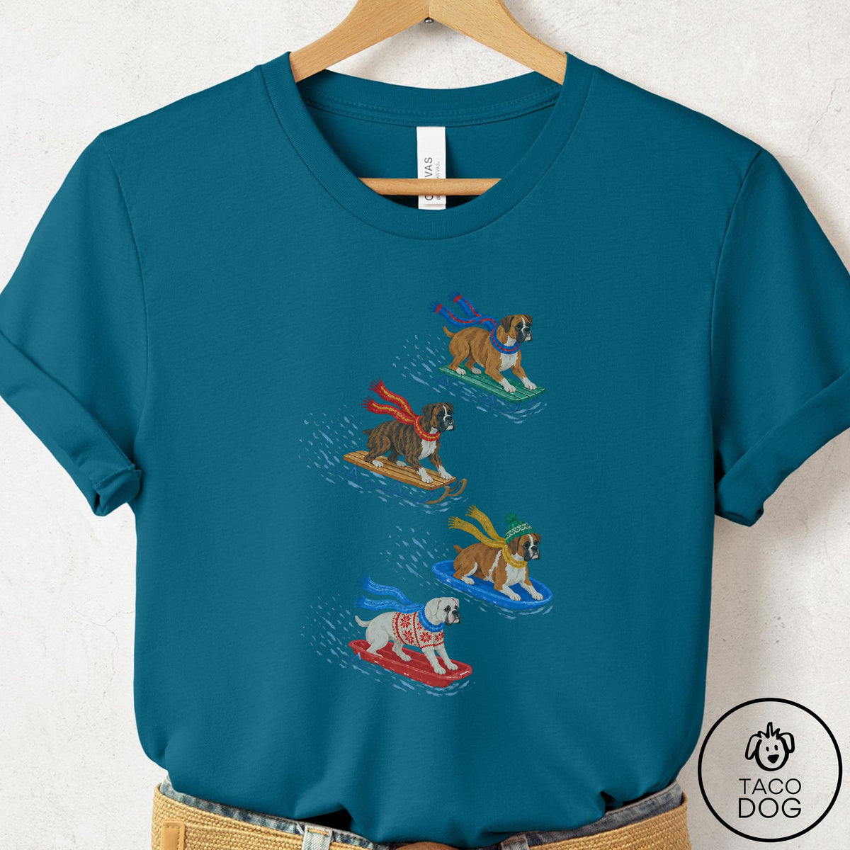 Boxer Sledding T-Shirt Deep Teal Taco-Dog