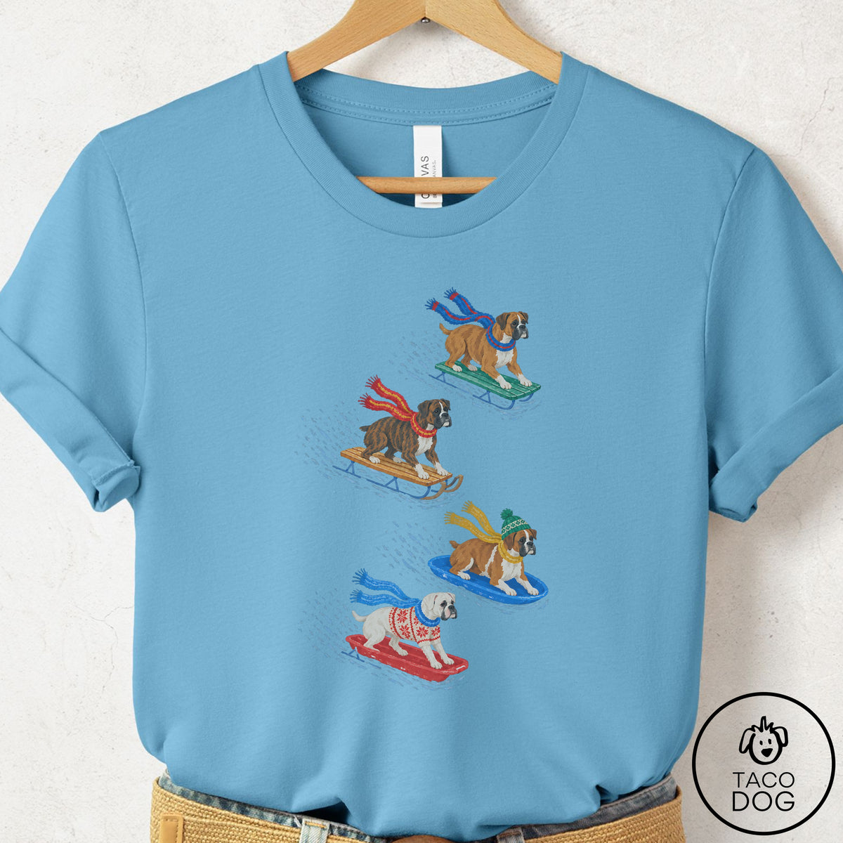 Boxer Sledding T-Shirt Ocean Blue Taco-Dog