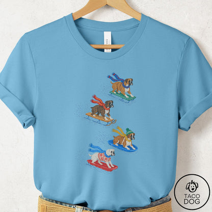 Boxer Sledding T-Shirt Ocean Blue Taco-Dog