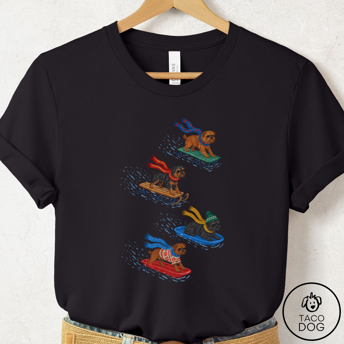 Brussels Griffon Sledding T-Shirt Black Taco-Dog
