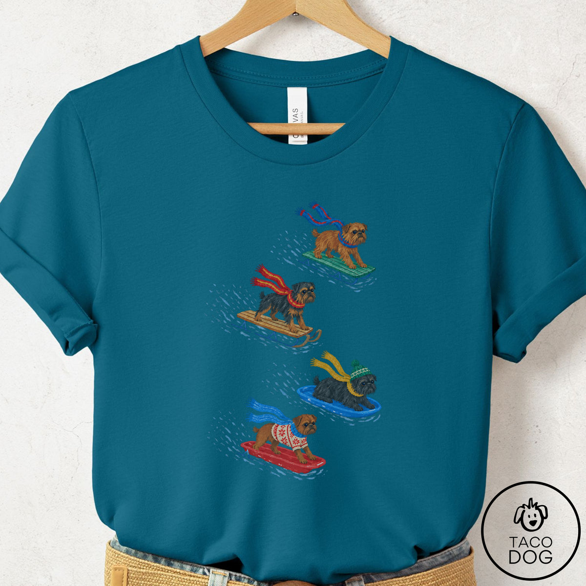 Brussels Griffon Sledding T-Shirt Deep Teal Taco-Dog