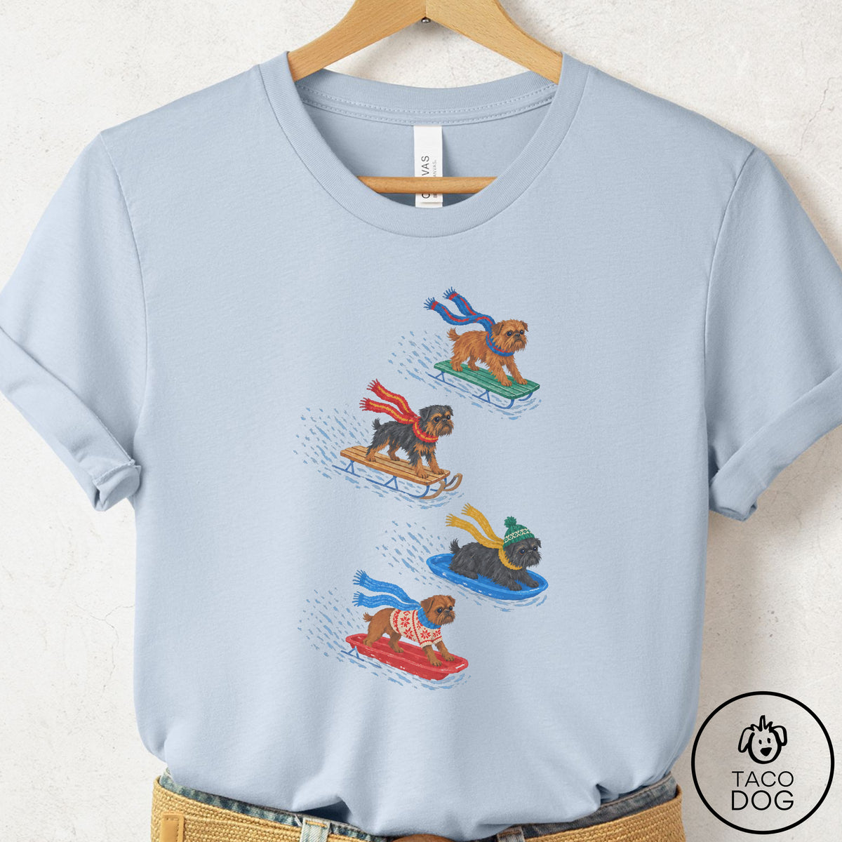Brussels Griffon Sledding T-Shirt Light Blue Taco-Dog