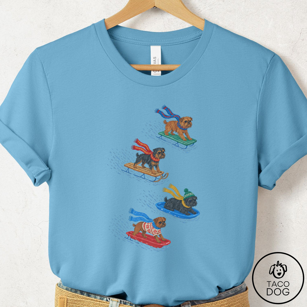 Brussels Griffon Sledding T-Shirt Ocean Blue Taco-Dog