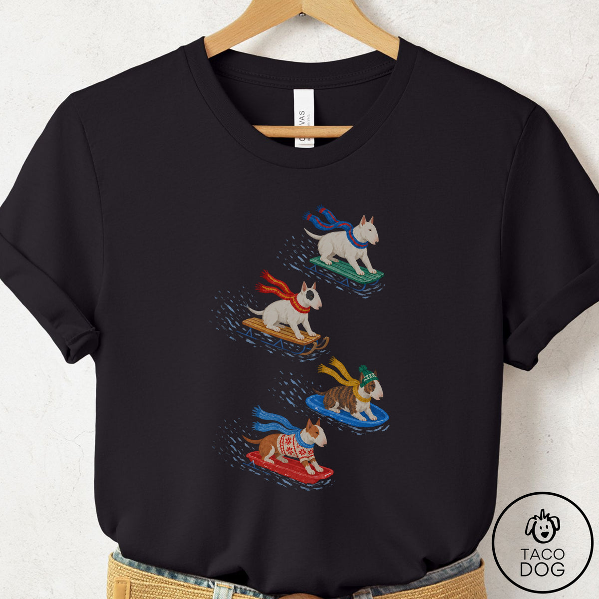 Bull Terrier Sledding T-Shirt Black Taco-Dog