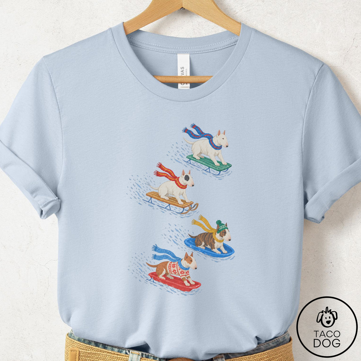 Bull Terrier Sledding T-Shirt Light Blue Taco-Dog