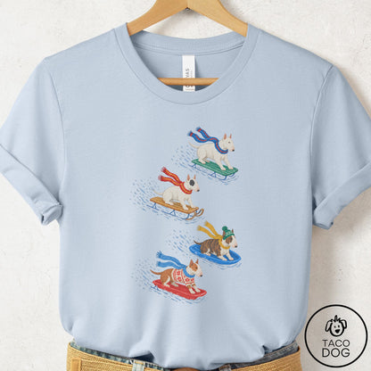 Bull Terrier Sledding T-Shirt Light Blue Taco-Dog