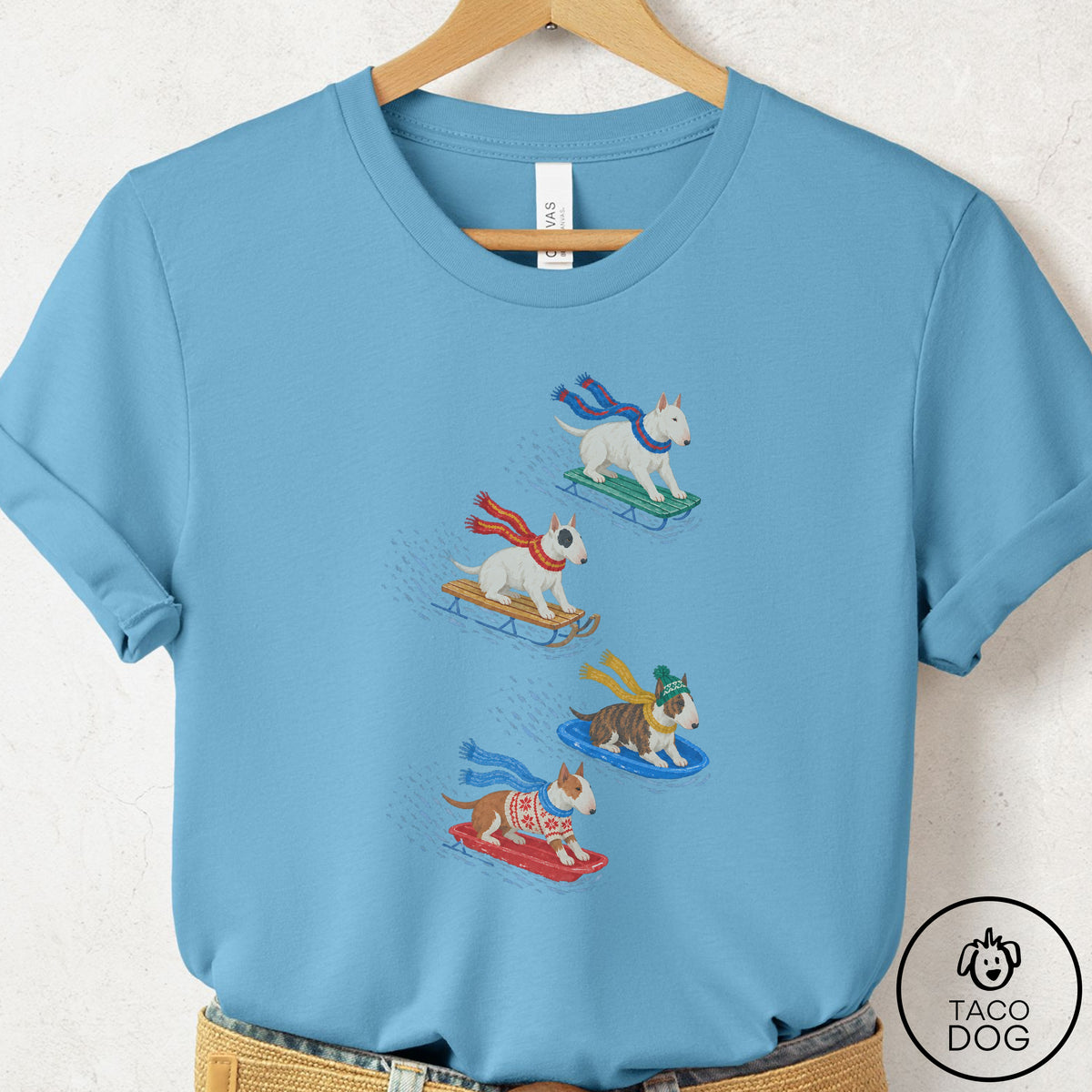 Bull Terrier Sledding T-Shirt Ocean Blue Taco-Dog