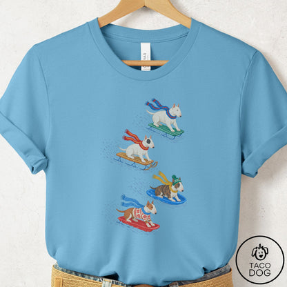 Bull Terrier Sledding T-Shirt Ocean Blue Taco-Dog
