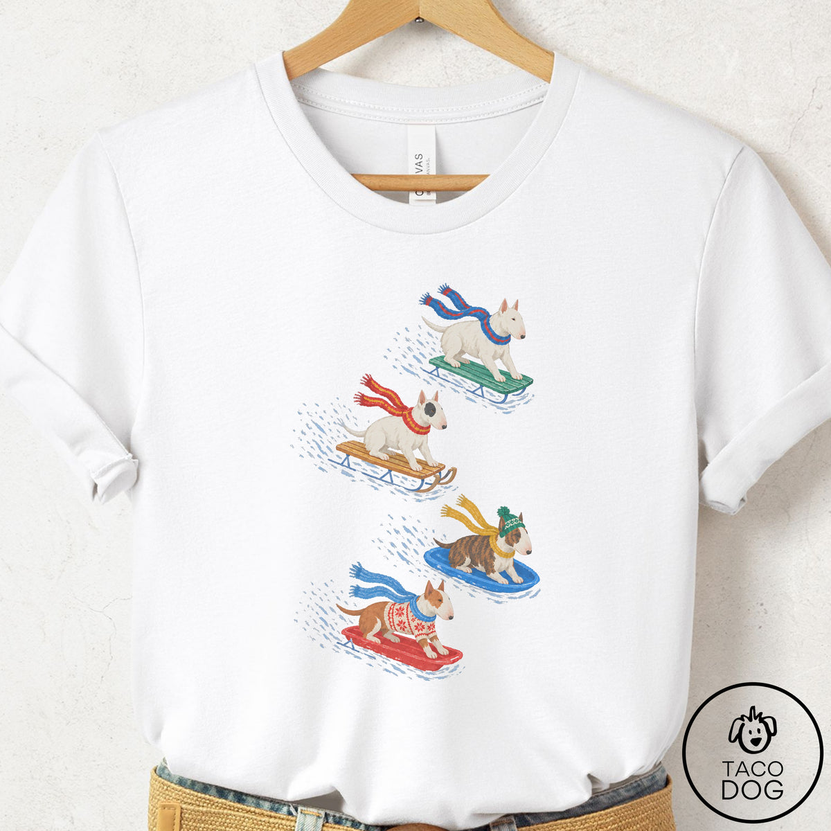 Bull Terrier Sledding T-Shirt, design close-up