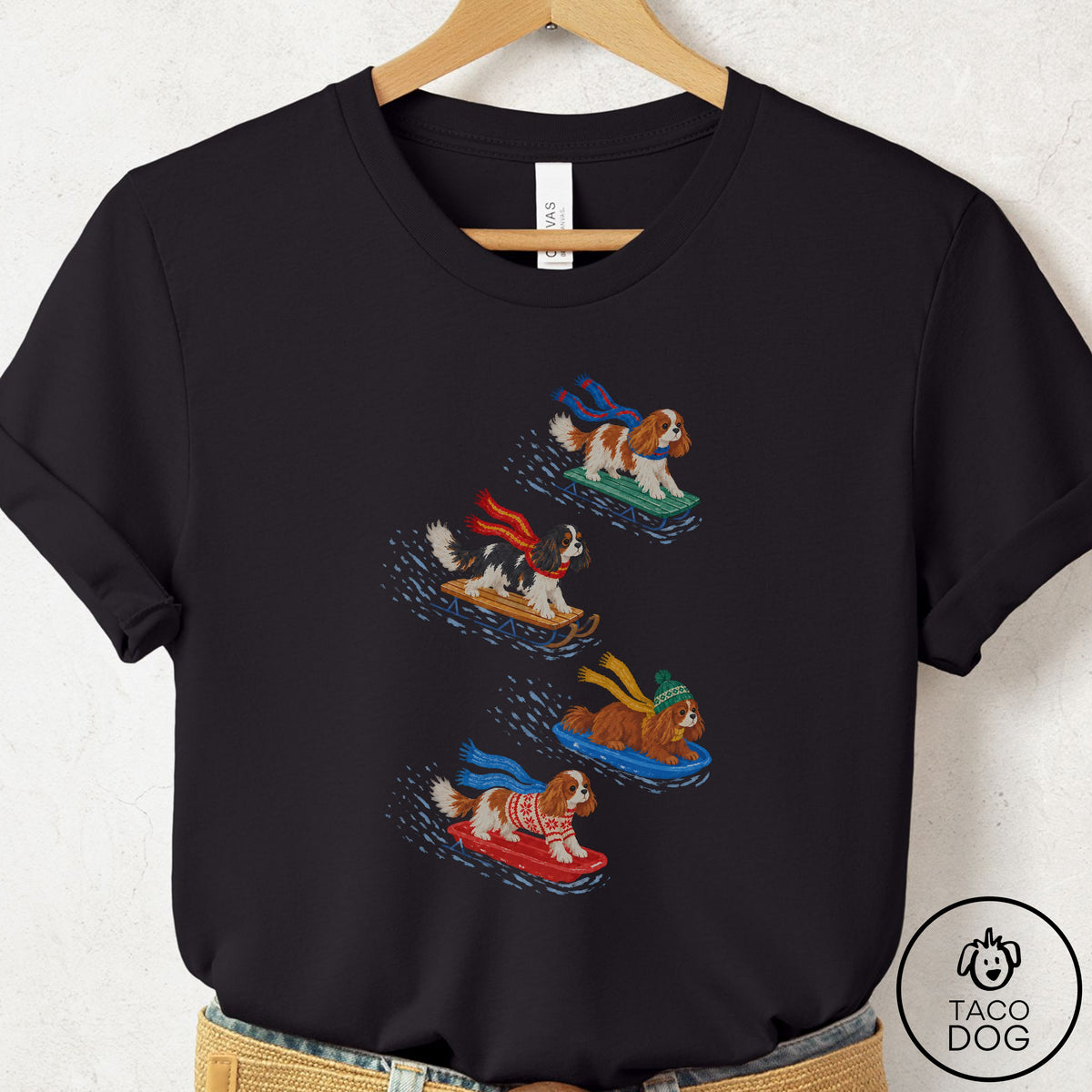 Cavalier King Charles Spaniel Sledding T-Shirt Black Taco-Dog