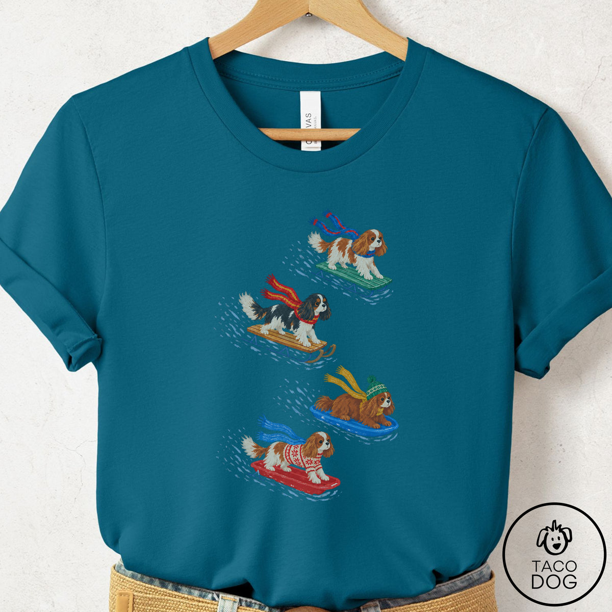 Cavalier King Charles Spaniel Sledding T-Shirt Deep Teal Taco-Dog