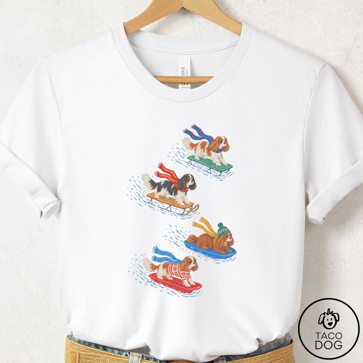 Cavalier King Charles Spaniel Sledding T-Shirt White Taco-Dog