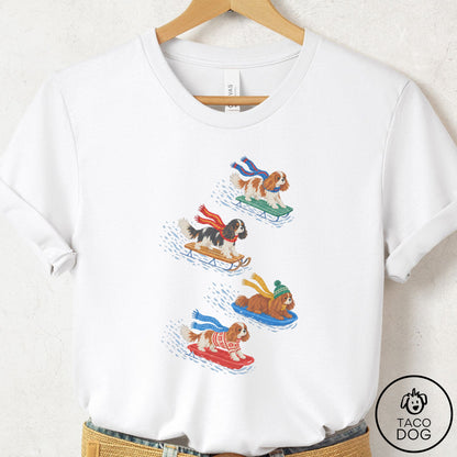 Cavalier King Charles Spaniel Sledding T-Shirt White Taco-Dog