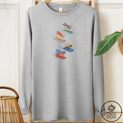 Chihuahua Sledding Long Sleeve Tee Athletic Heather Taco-Dog