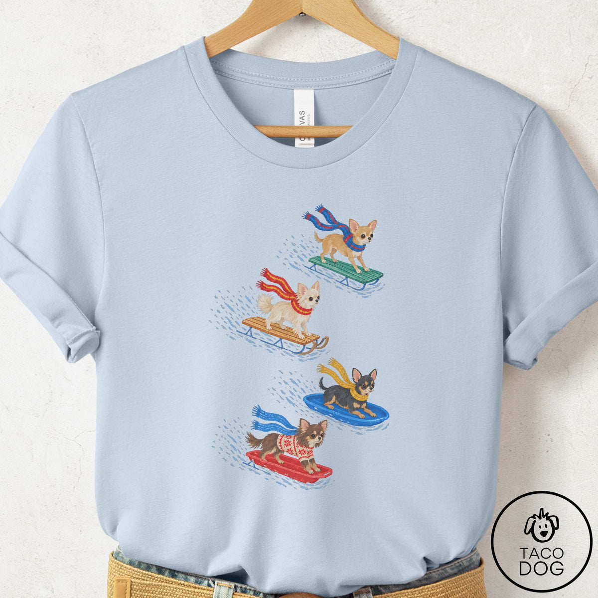 Chihuahua Sledding T-Shirt Light Blue Taco-Dog