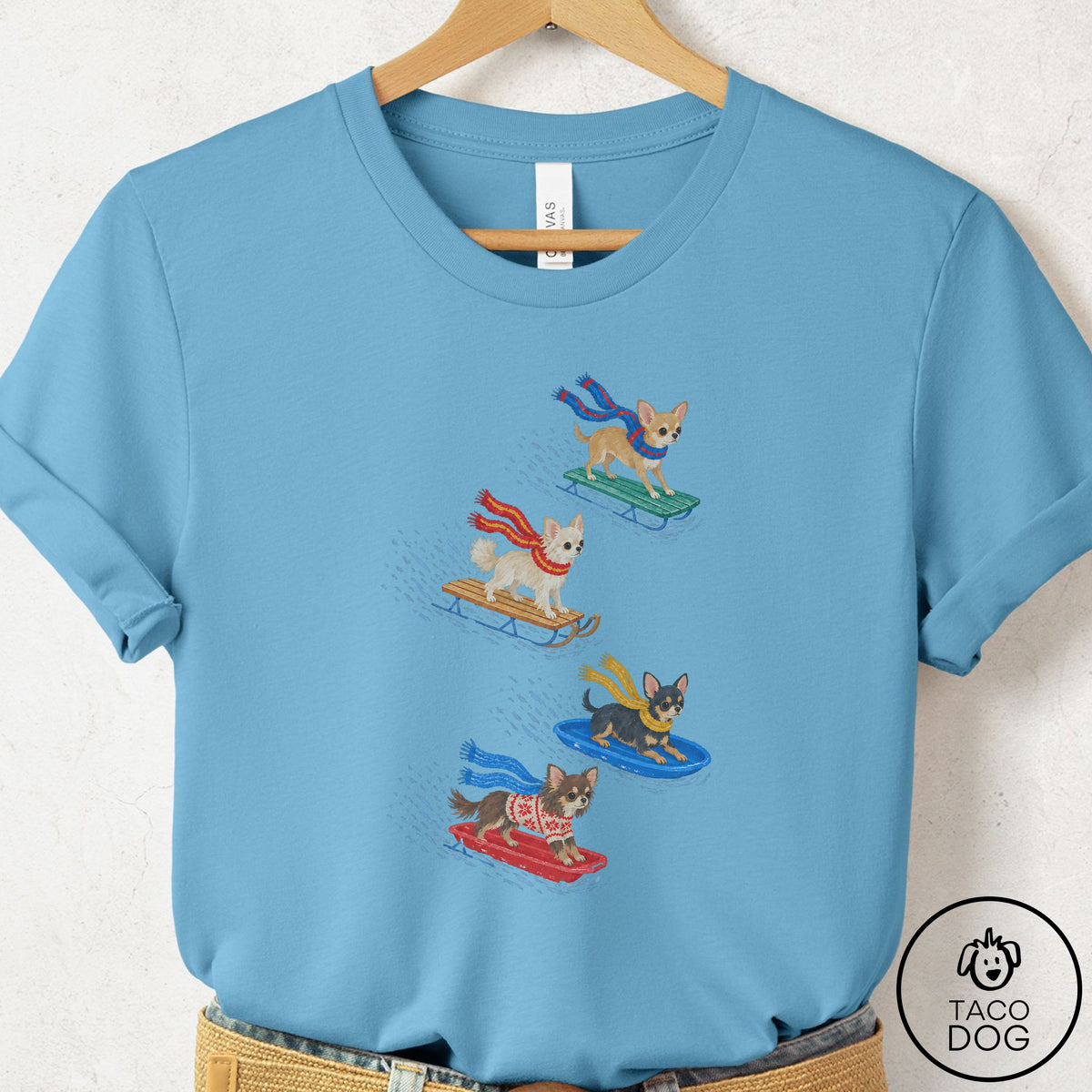 Chihuahua Sledding T-Shirt Ocean Blue Taco-Dog