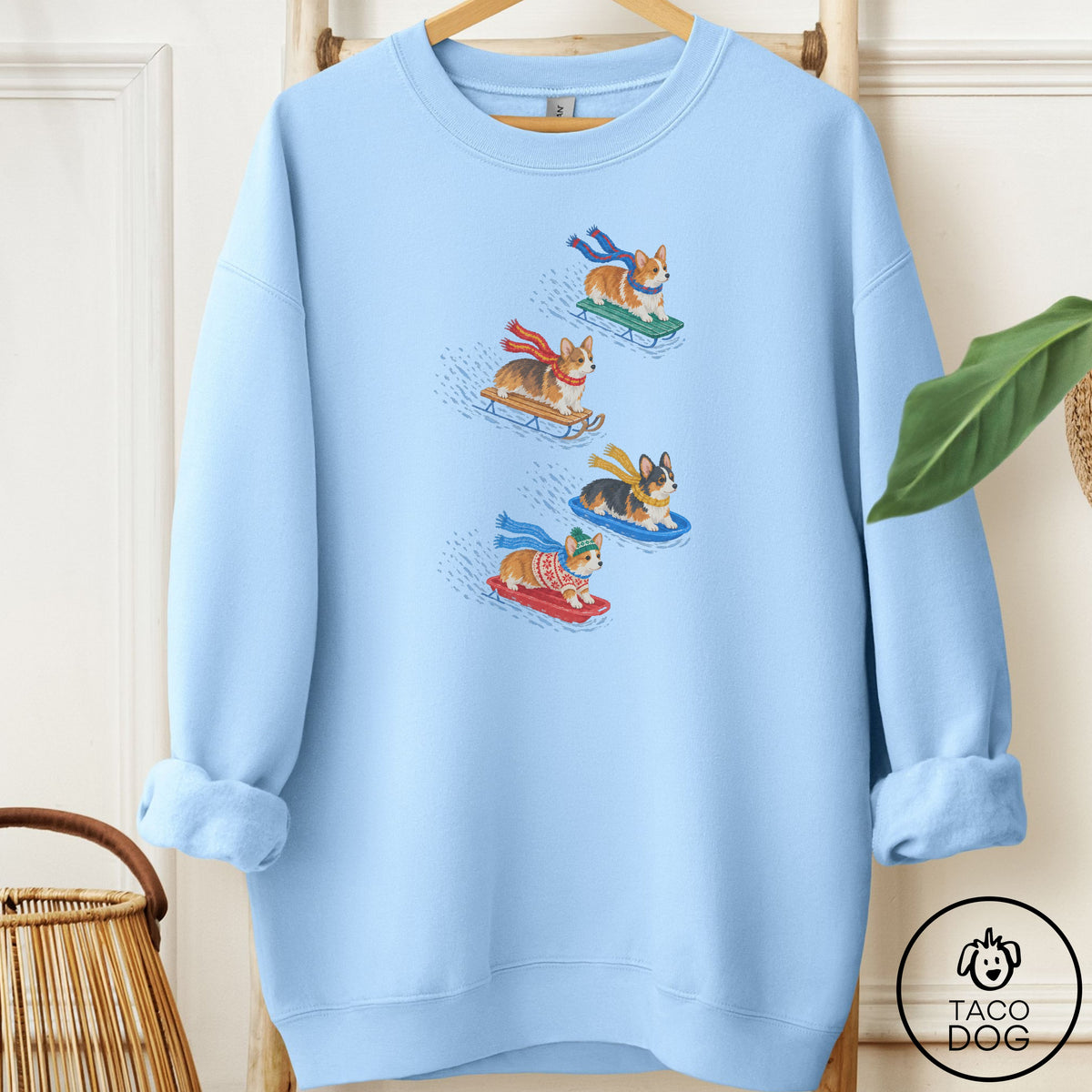 Corgi Sledding Sweatshirt Light Blue Taco-Dog